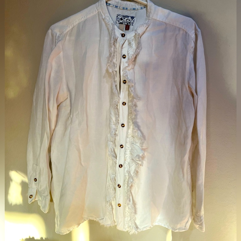 ANTHROPOLOGIE linen button down blouse with fringe border down buttons